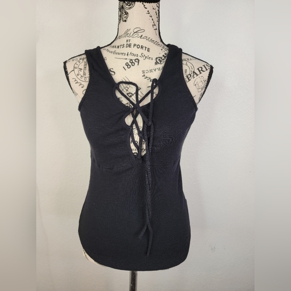Free People Emmy Lou Tank Top Small Lace-Up Tie Front Ribbed Black - Picture 2 of 9